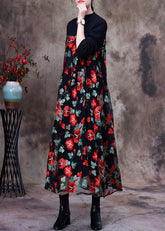 Red Knit Patchwork Long Dress Asymmetrical